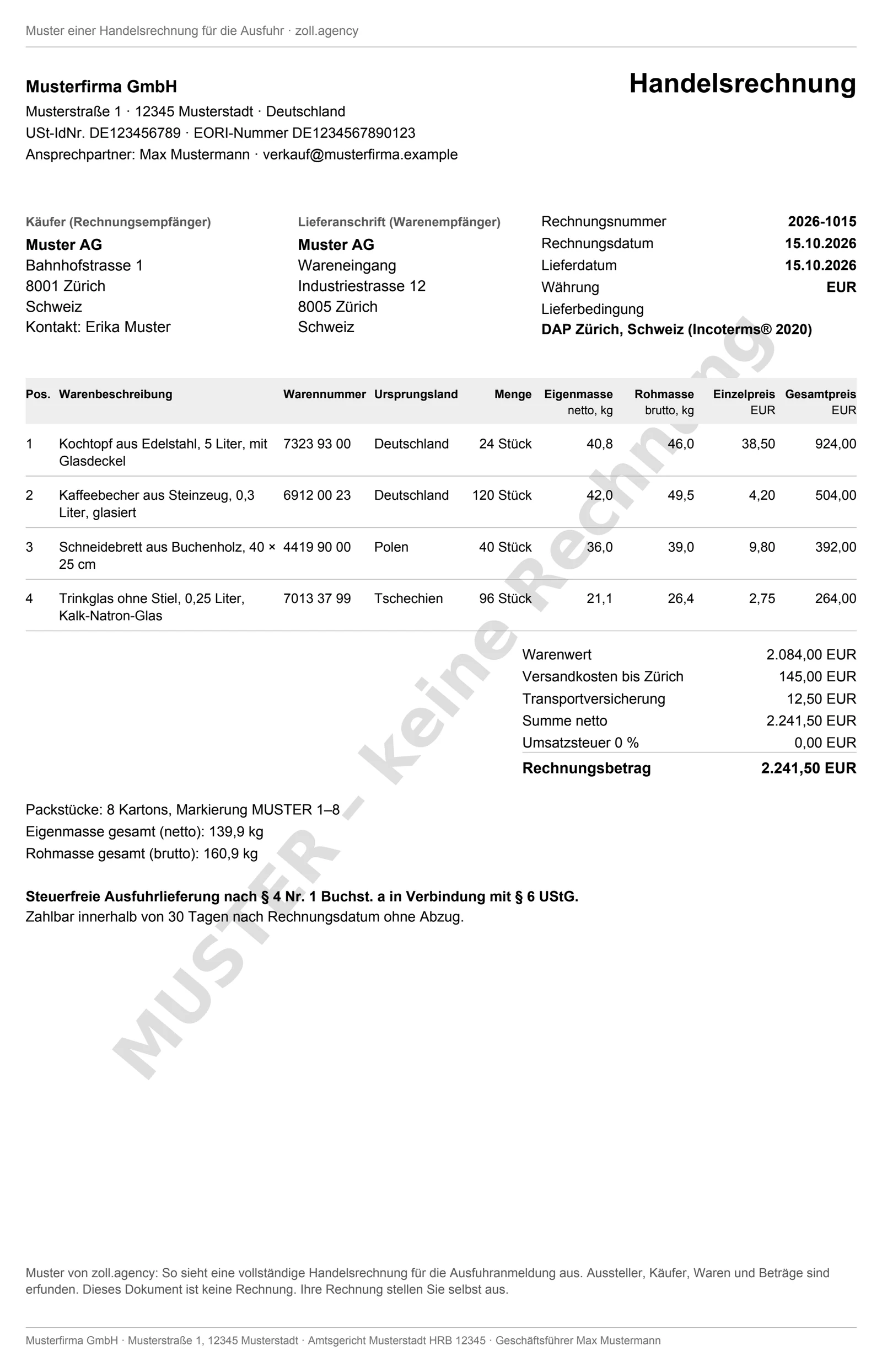 Muster einer vollständigen Handelsrechnung für die Ausfuhr: die Musterfirma GmbH liefert Küchenwaren an die Muster AG in Zürich, vier Positionen mit Warennummer, Ursprungsland, Menge, Eigen- und Rohmasse, Einzel- und Gesamtpreis, Versandkosten und Versicherung getrennt ausgewiesen